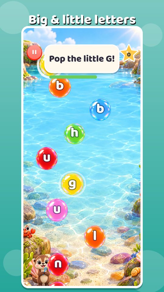 Little Letters: lowercase letter bubbles rise through a sunny tide pool while Ollie asks for the little G