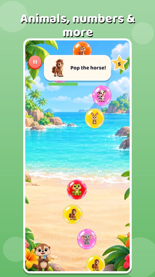 Animal Island: bubbles with a horse, a cow and an elephant float up a sunny beach