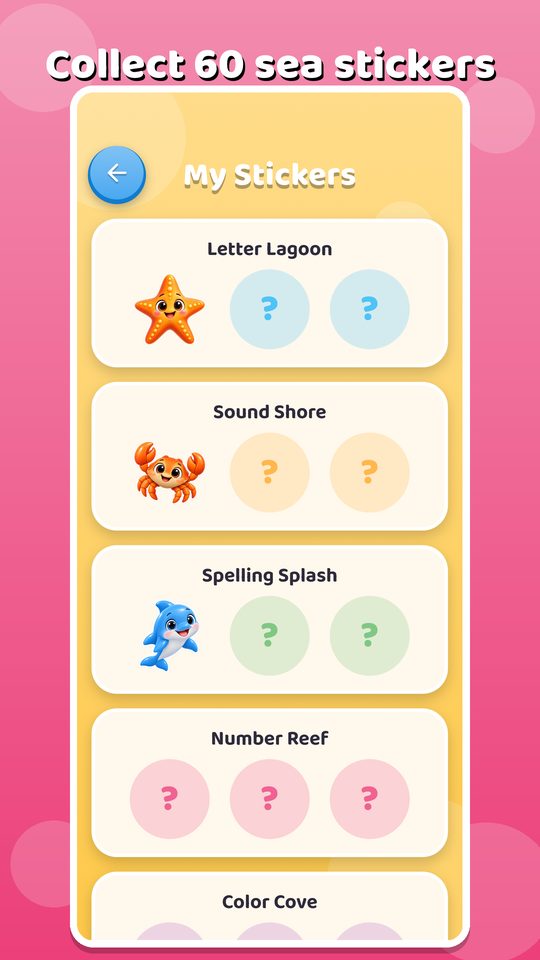 The sticker book with a starfish, a crab and a dolphin