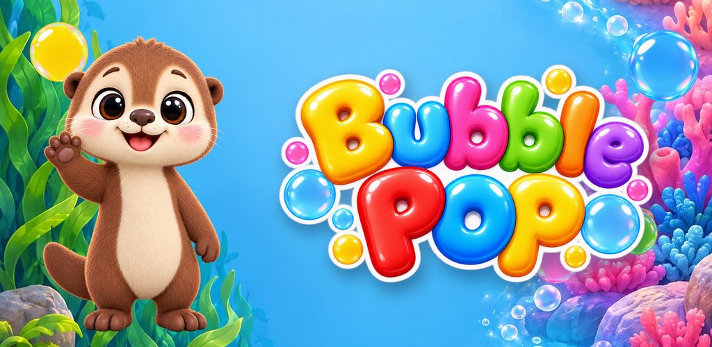 Bubble Pop: Ollie the otter waving next to the colorful Bubble Pop logo in a sunny lagoon