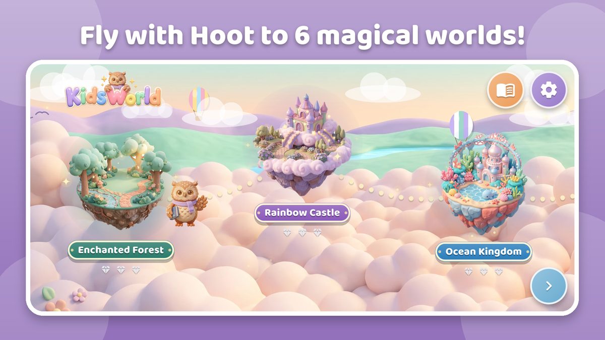 The island map with six magical worlds and Hoot the owl