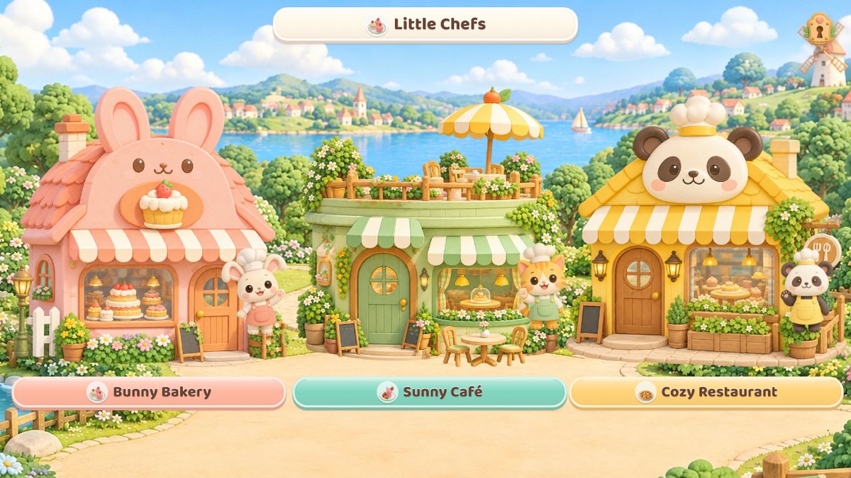 The village with Bunny Bakery, Sunny Café and Cozy Restaurant and their animal chefs