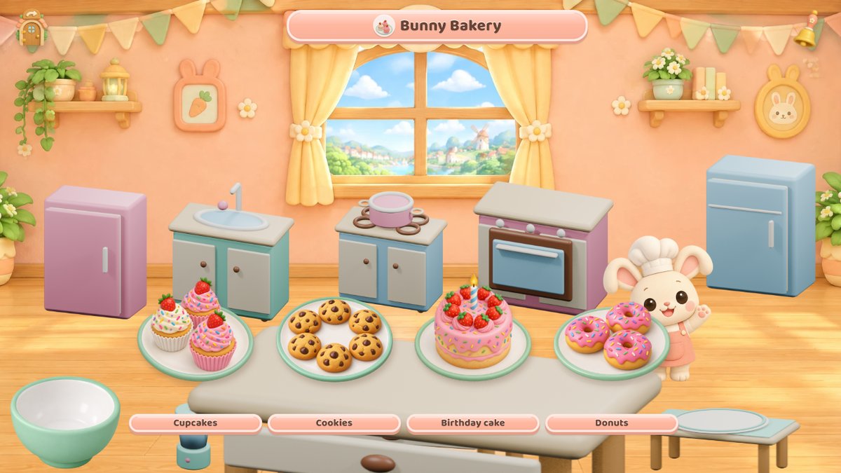 Bunny Bakery with cupcakes, cookies, birthday cake and donuts ready to cook