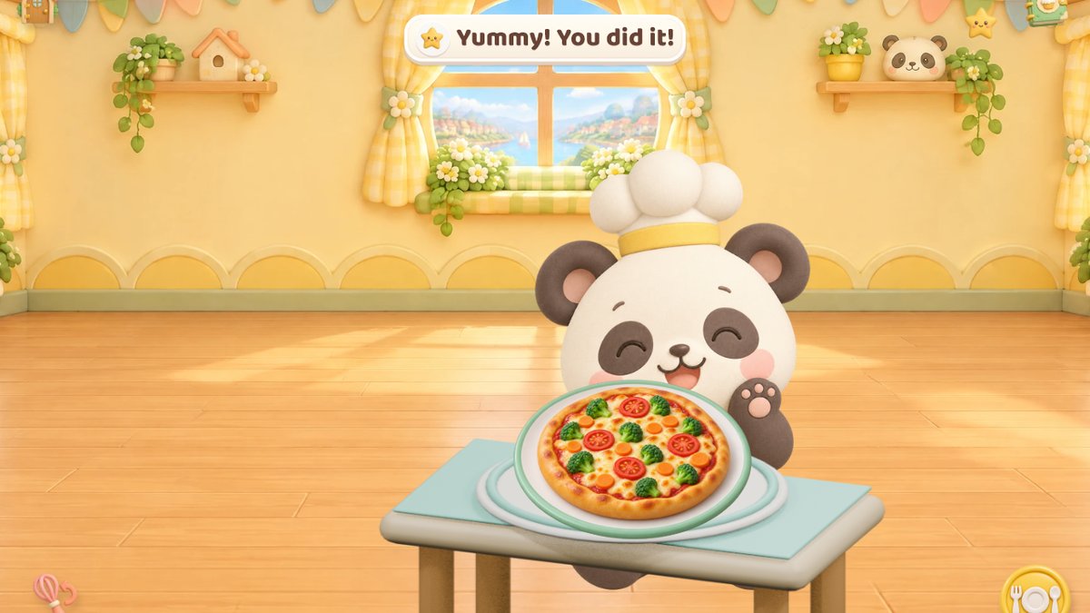 Pip the panda happily eating a freshly baked pizza