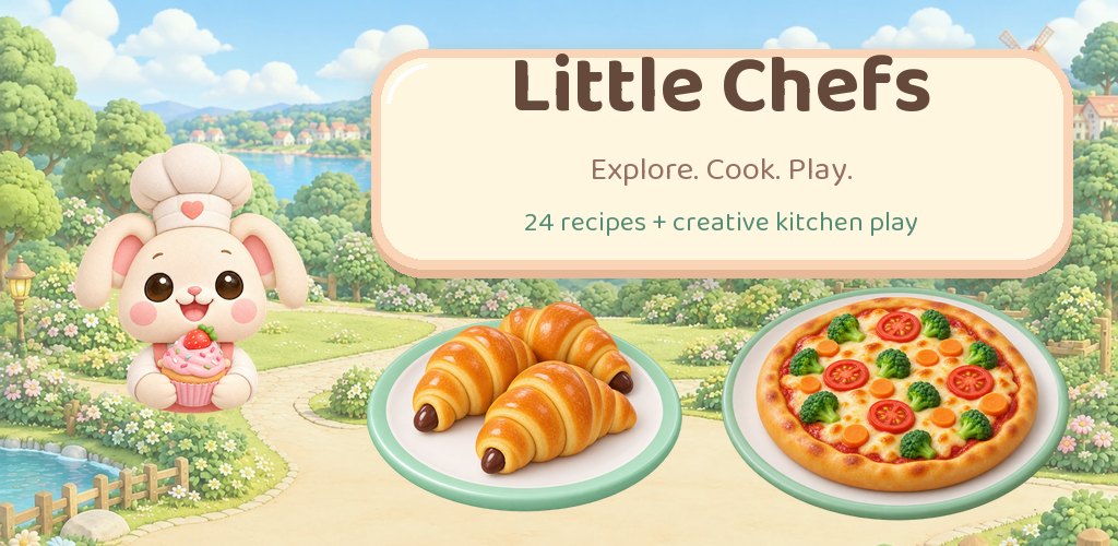 Little Chefs: the chef bunny with croissants and a pizza in a sunny village