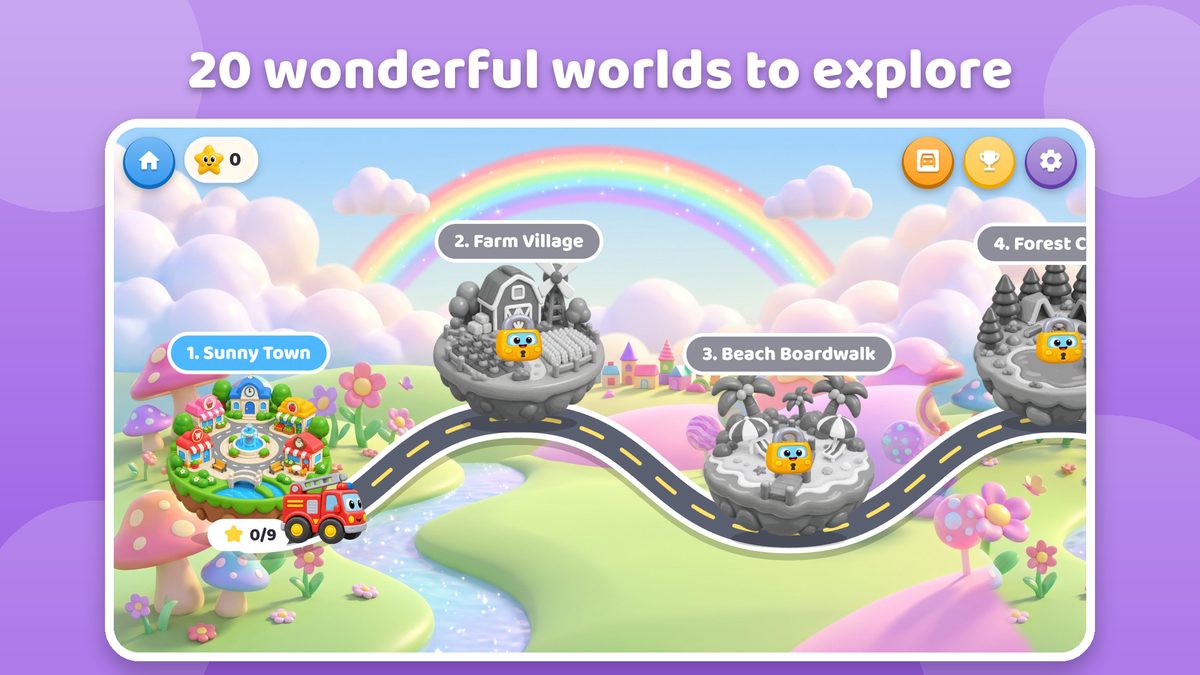 The world map: Sunny Town, Farm Village and Beach Boardwalk along a winding road in a rainbow land