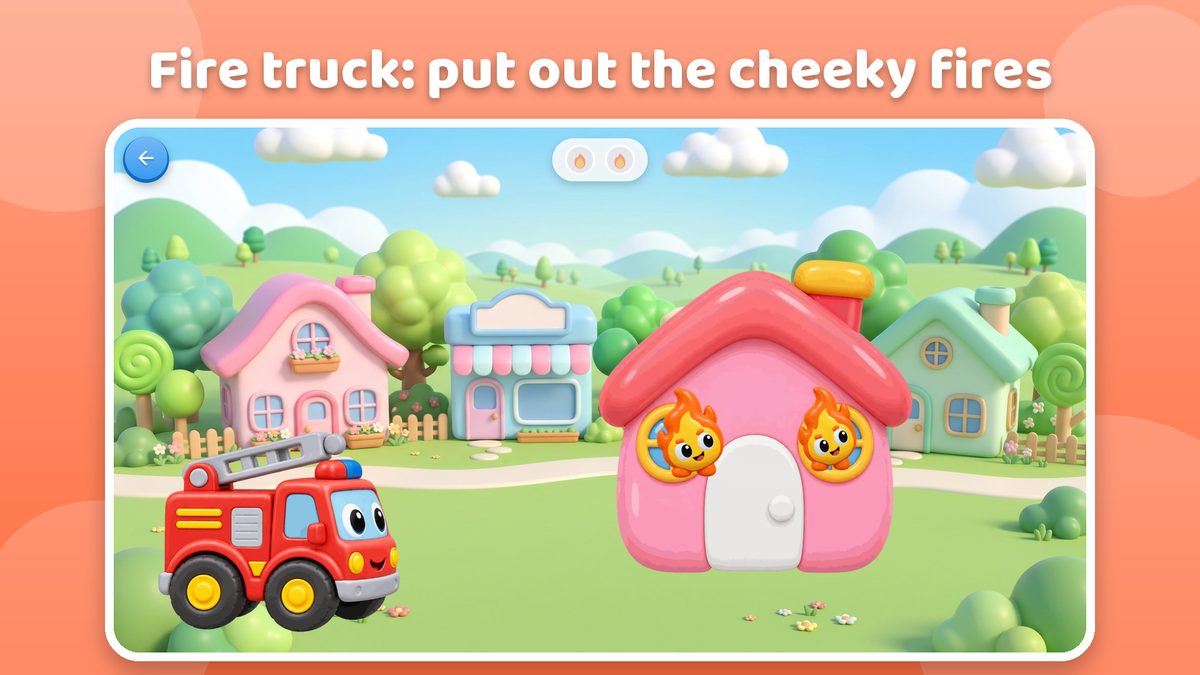 Two cheeky little flames in the windows of a pink house, with the fire truck ready