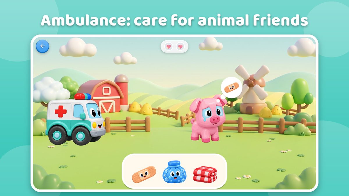 A sad piglet needs a bandage; the ambulance tray holds a bandage, an ice pack and a blanket