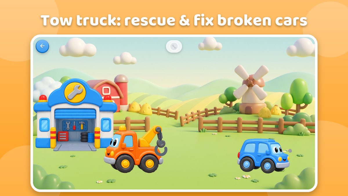 The tow truck waits by the garage while a broken-down blue car rolls in