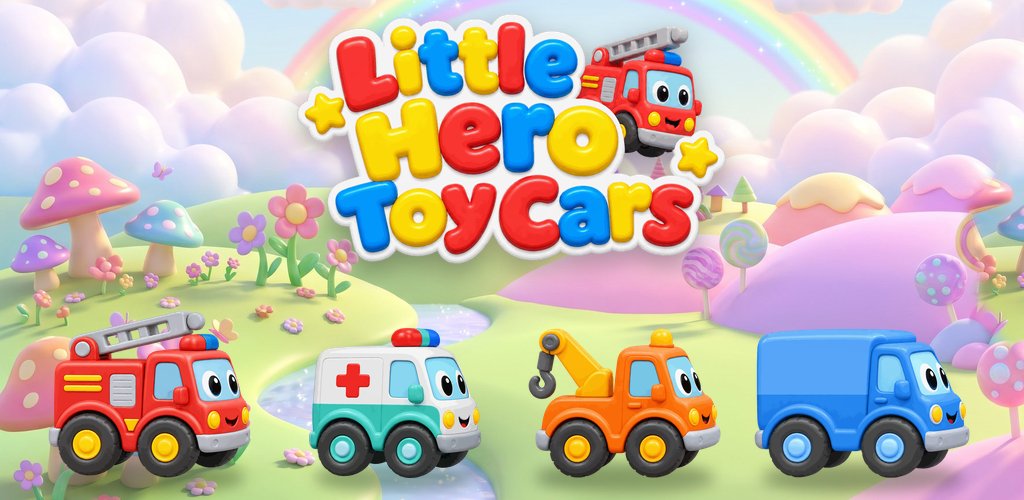 Little Hero Toy Cars: a fire truck, an ambulance, a tow truck and a delivery van in a rainbow meadow