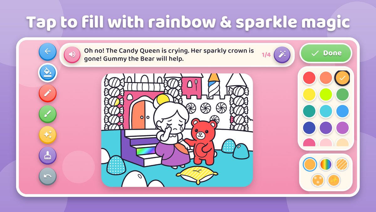Coloring a candy kingdom page with rainbow and dot fills