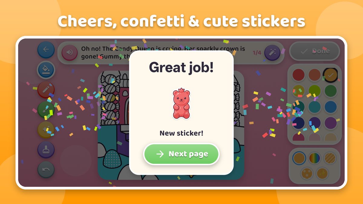 Great job celebration with confetti and a new sticker