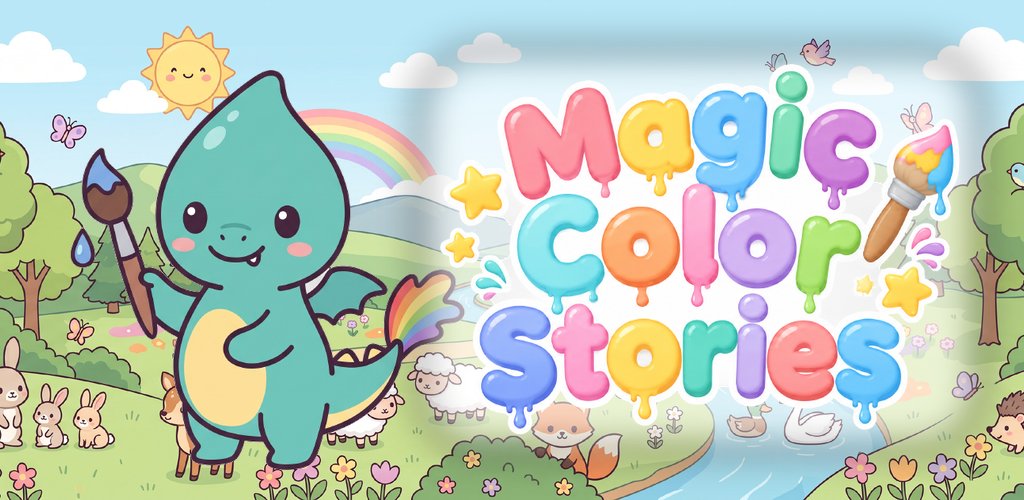 Dabby the paint-drop dragon in a meadow full of animals, with the Magic Color Stories logo
