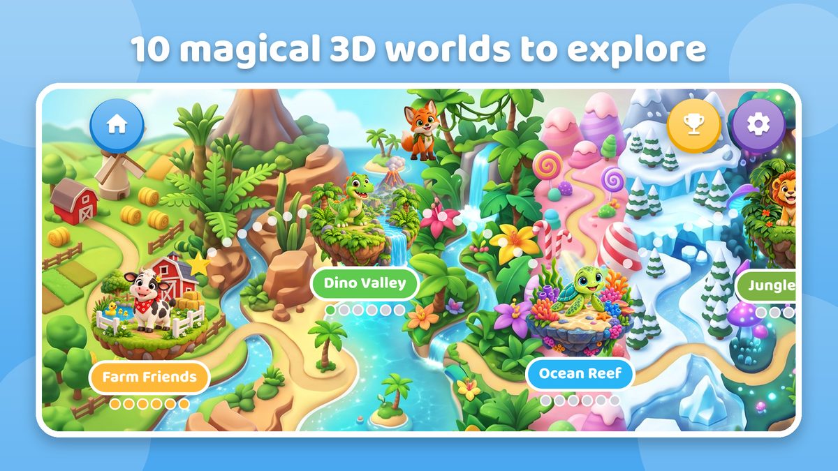 The world map with Farm Friends, Dino Valley and Ocean Reef