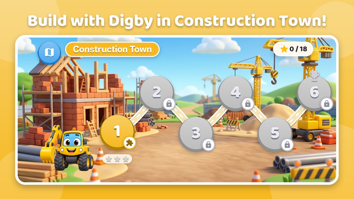 Construction Town with Digby the Digger, cranes and six puzzle levels