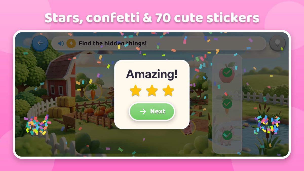 Three stars and confetti after finding the hidden things