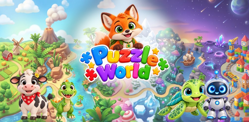 Puzzle World Adventures: Pip the Fox and friends over a map of 10 worlds